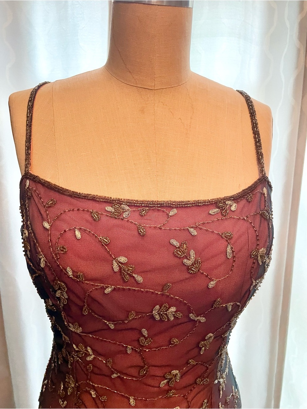 else Burgundy Beaded Spaghetti Strap Prom Dress